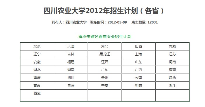 四川农业大学2012年分省分专业招生计划2