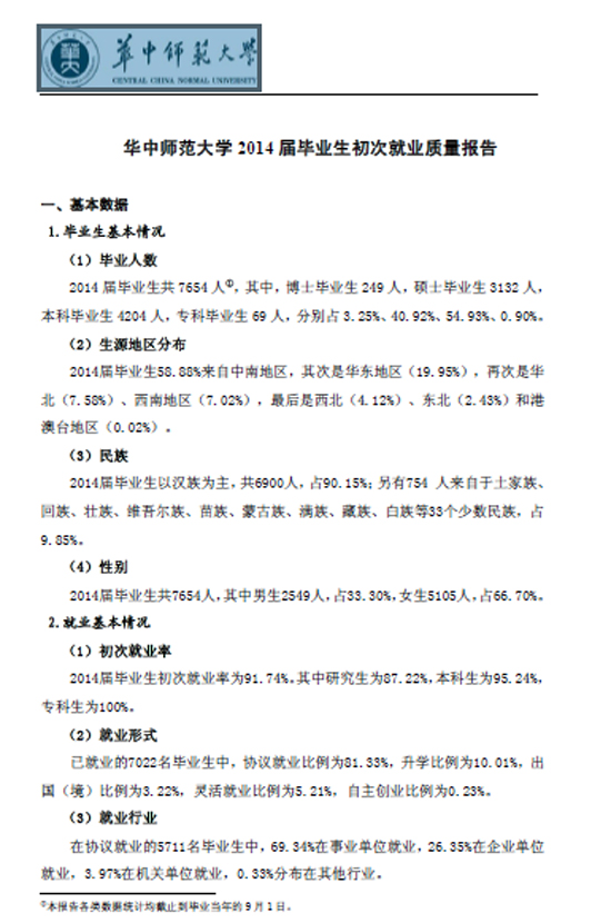华中师范大学2014年毕业生就业质量报告2