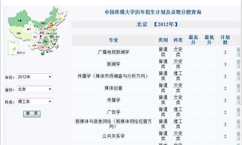 中国传媒大学2012年分省分专业招生计划2