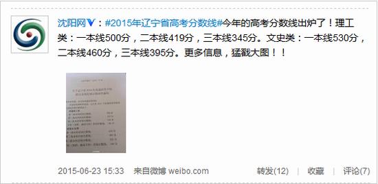 2015辽宁高考分数线公布：一本文530理5002