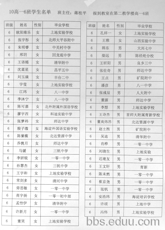 2010北京一零一中高一新生分班名单2