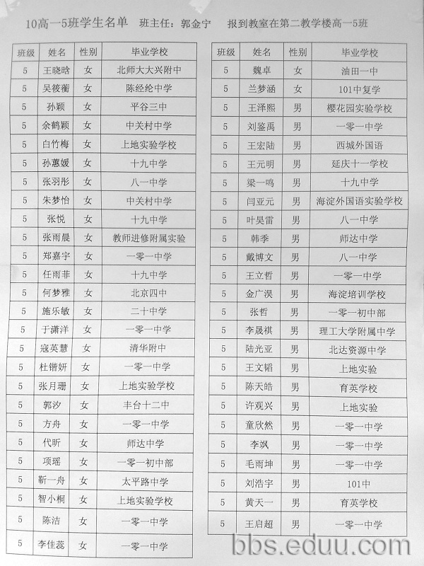2010北京一零一中高一新生分班名单3