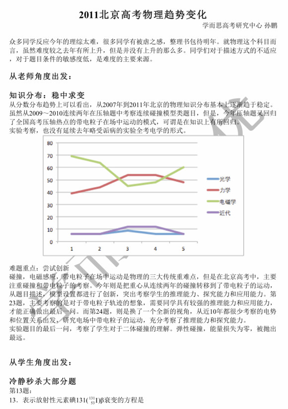 2011年北京高考物理变化趋势分析2