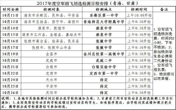 2017年度空军招飞初选检测日程安排(青海、甘肃)1